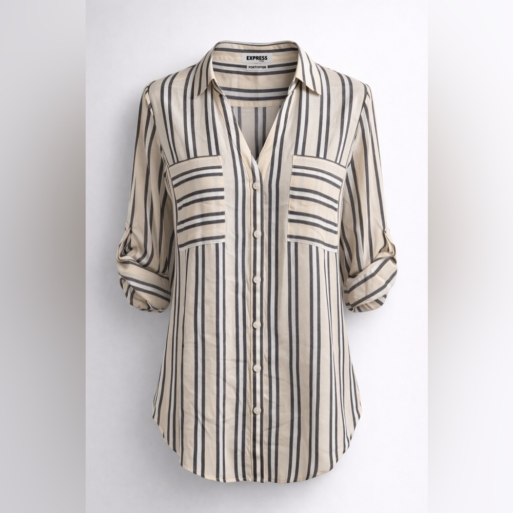 Express Cream and Black Striped Portofino Button-Down Shirt